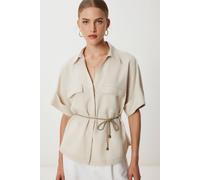 Happiness Istanbul Women's Loose Fit Drawstring Shirt with Binding Detail in Beige | Size: Medium Happiness Istanbul Beige M