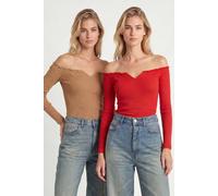 Happiness Istanbul Women's Off-Shoulder Ribbed Crop Top in Camel | Size: Medium Happiness Istanbul Camel M