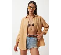 Happiness Istanbul Women's Oversized Poplin Button-Up Shirt with Long Sleeves in Camel | Size: Small Happiness Istanbul Camel S