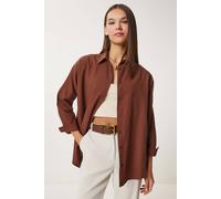 Happiness Istanbul Women's Oversized Poplin Button-Up Shirt with Long Sleeves in Dark Brown | Size: XL Happiness Istanbul Dark Brown XL