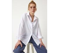 Happiness Istanbul Women's Oversized Poplin Button-Up Shirt with Long Sleeves in White | Size: Medium Happiness Istanbul White M