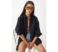 Happiness Istanbul Women's Oversized Textured Cotton Shirt with Pocket in Black | Size: Medium Happiness Istanbul Black M