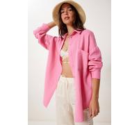 Happiness Istanbul Women's Oversized Textured Cotton Shirt with Pocket in Bright Pink | Size: Medium Happiness Istanbul Bright Pink M