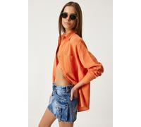 Happiness Istanbul Womens Oversized Textured Cotton Shirt with Pocket - Orange - Size Small