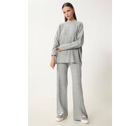Happiness Istanbul Women's Rib Detailed Knitted Two-Piece Set in Light Grey Happiness Istanbul Light Grey One Size