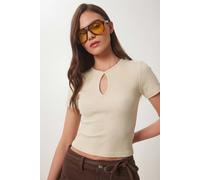 Happiness Istanbul Women's Ribbed Crew Neck Cut Out Crop Top in Cream | Size: Small Happiness Istanbul Cream S