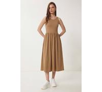 Happiness Istanbul Women's Sleeveless Crew Neck Midi Dress in Light Beige | Size: Small Happiness Istanbul Light Beige S
