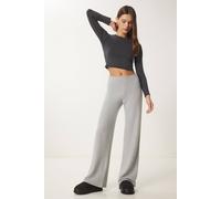 Happiness Istanbul Women's Soft Textured Wide Leg Pants in Light Grey | Size: Large Happiness Istanbul Light Grey L
