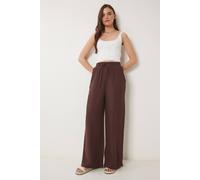 Happiness Istanbul Women's Wide Leg Drawstring Waist Pants with Binding Detail in Brown | Size: Medium Happiness Istanbul Brown M