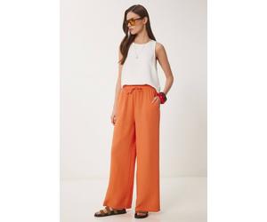 Happiness Istanbul Women's Wide Leg Drawstring Waist Pants with Binding Detail in Orange | Size: Medium Happiness Istanbul Orange M
