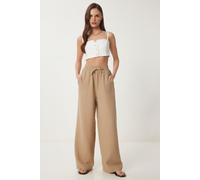Happiness Istanbul Womens Wide Leg Drawstring Waist Pants with Binding Detail - Natural - Size Large