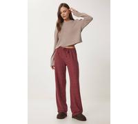 Happiness Istanbul Women's Wide Leg Jogger Pants with Drawstring Closure in Burgundy | Size: Small Happiness Istanbul Burgundy S