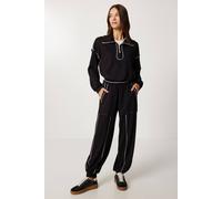 Happiness Istanbul Women's Zipper Collar Long Sleeve Two-Piece Coord Set in Black | Size: Large Happiness Istanbul Black L