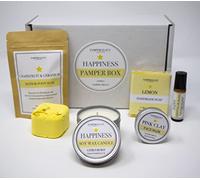 Happiness Pamper Box with Grapefruit Himalayan Bath Salts, Uplifting Essential Oil Shower Steamer, Handmade Lemon Soap, Pink Clay Face Mask, Happy Essential Oil Roller and Happiness Soy Wax Tin Candle