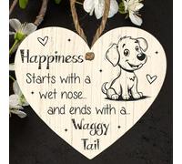 Happiness Starts with a Wet Nose and Ends with a Waggy Tail" Heart-Shaped Hanging Plaque - Perfect for Dog Lovers and Pet Owners, Plaque with Adorable Cartoon Dog, Sentimental Gift for Pet Lovers