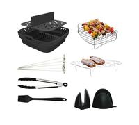 HappiNest 8 Pcs Set Air Fryer Accessories - Square Airfryer Silicone Liners, Rack, Skewer, Tongs & Oven Mitts for 10 Inch Fryers, Easy use with Cosori & Ninja