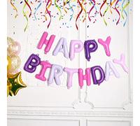 Happium Happy Birthday Balloon Banner - 16 inch Letter Foil Party Decoration Bunting - Include Straw & Ribbon Milky Purple