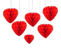 Happium Red Honeycomb Love Heart 20cm, Pack of 6, Hanging Paper Valentines Decoration Kit, Valentine's Day Red Hanging Honeycomb Hearts Balls Poms for Wedding Valentine Anniversary Party Supplies