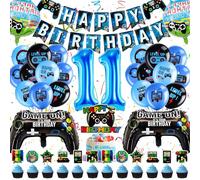 Happivue 11th Birthday Decorations, Blue Video Game Birthday Decorations for Boys, Gaming Party Decoration With 13pcs Cake Toppers, Gamer Banner, 18pcs Latex Blue Balloons and 6pcs Foil Balloons