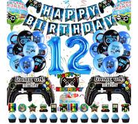 Happivue 12th Birthday Decorations for Boys, Blue Video Game Birthday Decorations, 12th Gaming Party Decoration With 13pcs Cake Toppers, Gamer Banner, 18pcs Latex Blue Balloons and 6pcs Foil Balloons