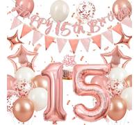 Happivue 15th Birthday Decorations, Sweet Balloons Party Decoration for Girls, With Happy 15th Birthday Banner, Cake Toppers and Triangle Flags, Foil Balloon, 15 Rose Gold Party Decoration for Her
