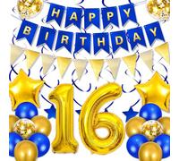 Happivue 16th Birthday Decorations for Boys, 16th Blue and Gold Balloons Party Decorations for Boys, with Latex and Confetti Balloons, Happy Birthday Banner, Bunting, Glitter Hanging Swirls and Stars