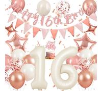 Happivue 16th Birthday Decorations, Sweet Balloons Party Decoration for Girls, Pink Balloon Set With Happy Birthday 16th Banner, Cake Toppers and Triangle Flags, 16 Rose Gold Party Decoration for Her