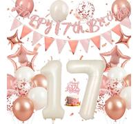Happivue 17th Birthday Decorations, Sweet Balloons Party Decoration for 17th Girls, Pink Balloon With Happy 17 Birthday Banner, Cake Toppers and Triangle Flags, 17 Rose Gold Party Decoration for Her