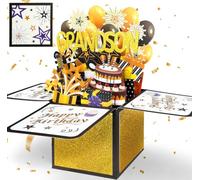 Happivue Grandson Birthday Card, 3D Black Gold Pop Up Happy Birthday Card for Him, Personalised Special Gifts for Grandson from Grandpa Grandma, Boy Greeting Cards for Adult with Envelope Blanknote
