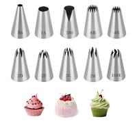 HAPPOW 10-Piece Icing Nozzles Set Made of 304 Stainless Steel, Models 1M/1A/2D/580/108E/2F/R6/6B/2C/4B, Nozzles for Piping Bags, Suitable for Cream Guns and Piping Bags