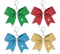 Happtkey 4PCS Cheer Bow Keychain Glitter Rhinestones Key Rings Bow Cheerleader Sports Keychains Accessories Cute Backpack Bag Purse Charm Decoration for Baseball Soccer Football Volleyball, Red+blue+