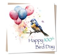Happy 100th Bird Day - Bluetit and Balloons Birthday Card - Watercolour Style - For Bird Lovers - Made in UK