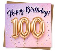 Happy 100th Birthday Card - Luxury 100 Years Birthday Card with Pink Confetti and Gold Balloon Number Design