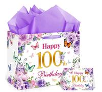 Happy 100th Birthday Gift Bag with Wrapping Paper and Card, Purple Floral 100th Birthday Gift Bag 100 Year Old Wrapping Bag for Women Mom Grandma Hundredth Birthday Party Favors Supplies