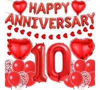 Happy 10th Anniversary Balloon Decorations - 37Pcs Wedding Anniversary Decoration Set With Heart Hanging Garland, Red Letter Foil Balloons Banner Party Supplies for Him Her