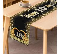 Happy 10th Anniversary Table Runner, 10th Wedding Anniversary Party Decoration Kitchen Dining Table Table Cloth Indoor Outdoor Decoration, Black and Gold, 183 cm x 33 cm