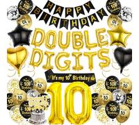 Happy 10th Birthday Decorations for Boys - 77 Pieces Black and Gold Double Digits Theme Includes Banner, Number 10 Balloons, Hanging Swirls, It’s My Birthday Sash, for 10-Year-Old Birthday Party