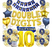 Happy 10th Birthday Decorations for Boys - 77 Pieces Blue and Gold Double Digits Theme Includes Banner, Number 10 Foil Balloons, Hanging Swirls, It’s My Birthday Sash, for 10-Year-Old Birthday Party