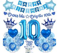 Happy 10th Birthday Decorations for Boys - Blue Double Digits 10th Banner Numbers Star Heart Foil Balloons, Confetti Latex Balloon Cake Topper for 10 Years Old Party Supplies