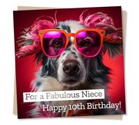 Happy 10th Birthday Greeting Card - For a Fabulous Niece - Fun Dog Design - Blank Inside (135 x 135 mm) - Made in UK - With Envelope