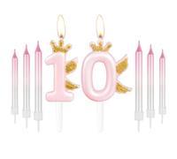 Happy 10th Birthday Number Candles Gold Crown with Wing Candles for Cake Pink Birthday Decorations for Her Cute 10 Candles Cake Cupcake Topper for Girls Women Birthday Party 10th Wedding Anniversary