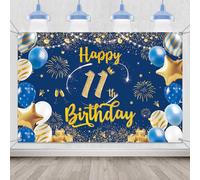 Happy 11th Birthday Backdrop Decorations - Blue and Gold Party Banner Decoration for Boys and Girls, Fabric Photo Backdrop Photography Background for 11 Years Old Party Supplies