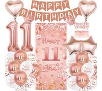 Happy 11th Birthday Banners Decorations - Rose Gold Door Banner Set with Cake Topper, Latex Balloon and Foil Balloons for Girls 11 Years Old Party Supplies