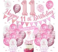 Happy 11th Birthday Decorations Girls - 47 Pcs Pink Birthday Decoration Banner Balloons Set with Award Ribbon Badge Sash, Banners Balloon Cake Topper for 11 Years Old Party Supplies