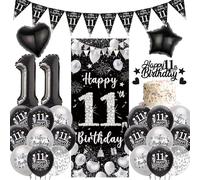 Happy 11th Birthday Party Decorations - Black Silver Door Banner Set with Pennants Bunting, Cake Topper and Foil Balloons for Girls Boys 11 Years Old Party Supplies