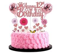 Happy 12th Birthday Cake Topper - Rose Gold Hello 12 Decoration for Girl and Boy - Glitter Cake Decoration for 12 Years Old