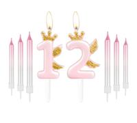 Happy 12th Birthday Number Candles Gold Crown with Wing Candles for Cake Pink Birthday Decorations for Her Cute 12 Candles Cake Cupcake Topper for Girls Women Birthday Party 12th Wedding Anniversary