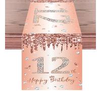 Happy 12th Birthday Table Runner for Girls Her Rose Gold 12th Birthday Table Runner 12 Years Old Birthday Celebration Party Decorations Non-Slip Dining Table Linen Cover Cloth Decor, 180x35cm Long