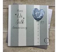 Happy 12th Silk Anniversary Card. Stripes & Heart Balloon Design. Hand decorated with Glitter & Gems. (DH12)
