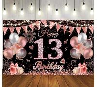 Happy 13th Birthday Banner 180 * 110cm Black Rose Gold Happy 13th Birthday Banner Backdrop Decorations for Teenager Girls, 13 Years Old birthday Anniversary Party Supplies